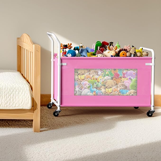 KEEGH Extra Large Toy Box for Kids with 360° Rotating Wheels, Heavy Duty Toy Chest for Boys and Girls, Toy Storage Organizer for Kids, Toy Bins for Living Room, Nursery, Bedroom (Pink)