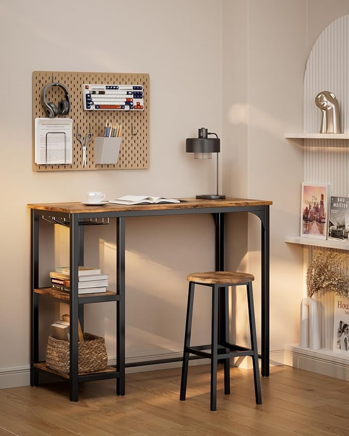 3-Piece Bar Table Set for 2, Table with Stools & 2 Storage Shelves, Small Bar Table Set with Glass Rack, Small Kitchen Table for Dining Room, Living Room, Rustic Brown