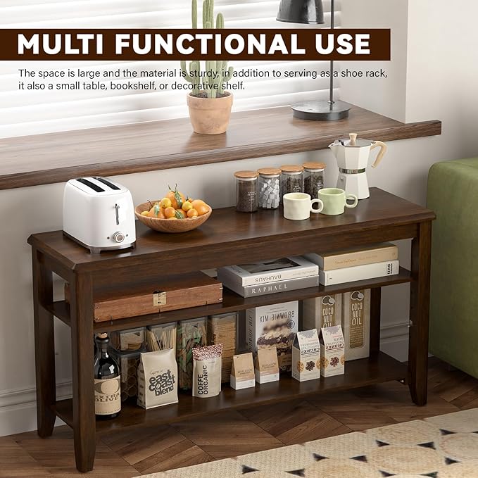 Shoe Bench Storage Rubberwood, Entryway Bench with 3-Tiers Height Adjustable, Shoe Rack Front Door Entrance Organizer for Hallway Living Room, Mudrooms, Walnut,23.6"