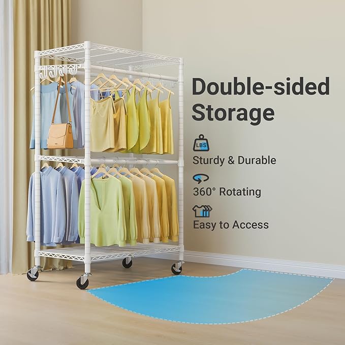 VIPEK R2 Pro Rolling Garment Rack Heavy Duty Clothes Rack with Locking Wheels Adjustable Shelves 2-Sided Hanging Rods Metal Closet Freestanding Clothing Racks, Max load 600lbs, White