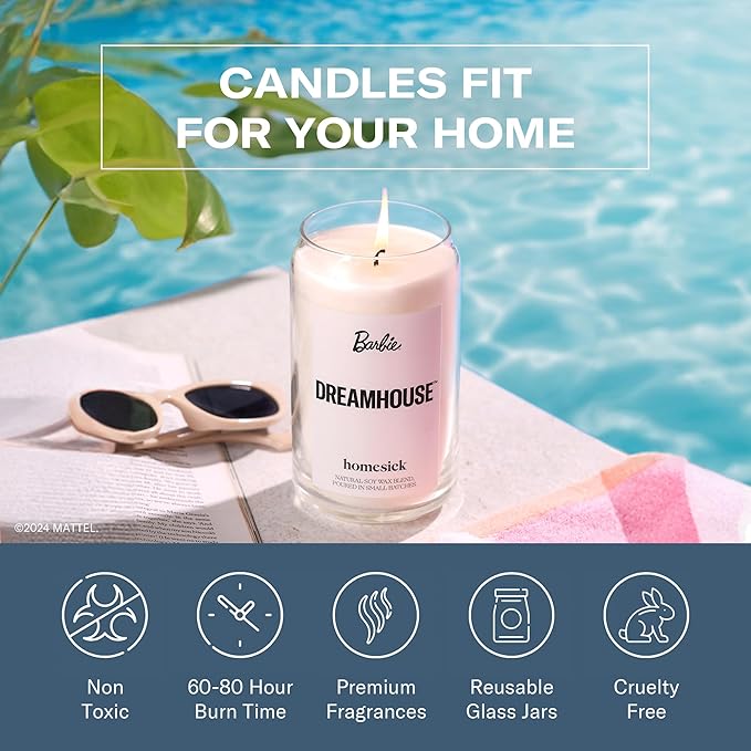 Homesick Scented Candles for Home (Barbie Dreamhouse) - 13.75 oz Long-Lasting Soy Wax Blend Jar Candle Gifts for Women for All Occasions, 60-80 Hours Burn Time - Notes of Lemon, Rose & Sandalwood