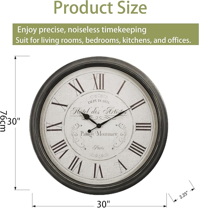 Extra Large Wall Clock, 30 Inch, Brown White, Silent Non-Ticking Quartz Movement, Battery Operated, Decorative Roman Numeral, Stylish Clock Living Room, Office, Home Decor