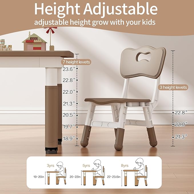 Toddler Table and 2 Chairs, Kids Table and Chair Set Height Adjustable, 31.5''L x 23.6''W Multifunctional Graffiti Desktop for Reading, Drawing, Eating, for Girls & Boys Age 2-10, Brown-02