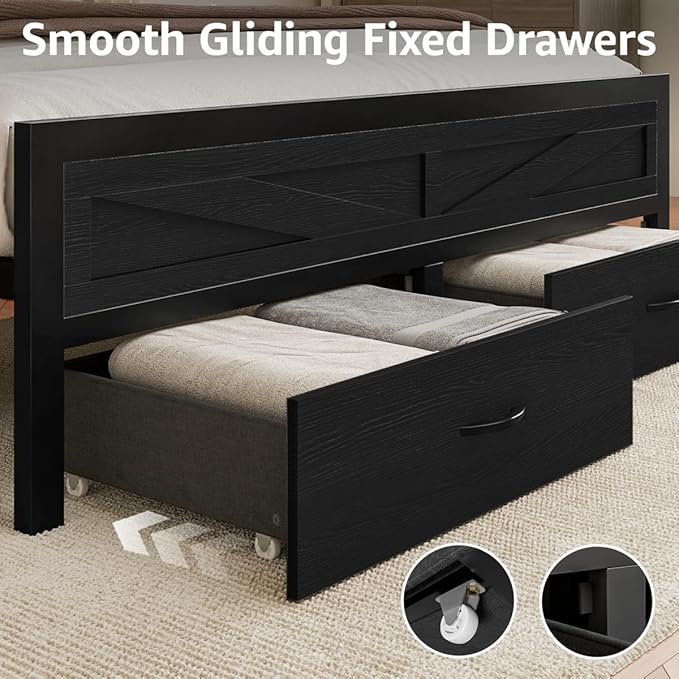 Rustic King Size Bed Frame with Storage Drawers and Barn Door Headboard, Farmhouse LED King Bed Frame with Charging Station, Metal Industrial Platform Bed Frames, No Box Spring Needed, Black