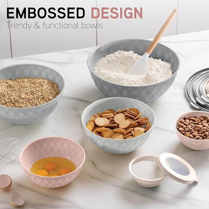 COOK WITH COLOR Mixing Bowls with Lids - 12 Piece Plastic Nesting Bowls Set includes 6 Prep Bowls and 6 Lids, Diamond Design - Microwave Safe (Mint)