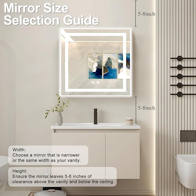 24 X 24 Inch Square LED Bathroom Vanity Mirror, 3 Colors Light Dimmable, Wall Mounted Memory Lighted Makeup Mirror with Anti-Fog Touch Switch (Front-lit&Backlit)