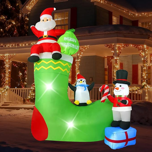 9FT Santa Claus Sitting on a Sock, Built-in LED Lights, Suitable for Christmas Lawn, Garden, Courtyard Outdoor Inflatable Decoration