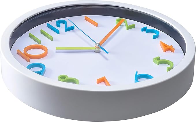 Bernhard Products Colorful Kids Wall Clock 10 Inch Silent Non Ticking Quality Quartz Battery Operated Wall Clocks, Easy to Read 3D Multi Colored Numbers Nursery Classroom Office Kitchen White Frame
