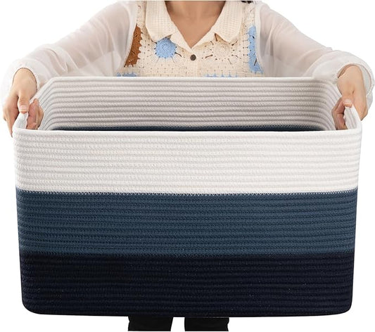 OIAHOMY Large Blanket Basket, 22”x17”x12” Rectangle Woven Baskets, Nursery Blanket Storage Living Room, Toy Storage With Handle, Large Baskets for Organizing-Gradient Blue