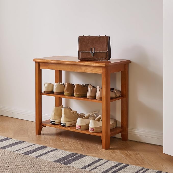 Wood Shoe Bench, 3 Tiers Shoe Storage Bench Height Adjustable, Entryway Bench for Hallway, Cherry Wood YD-WD05N