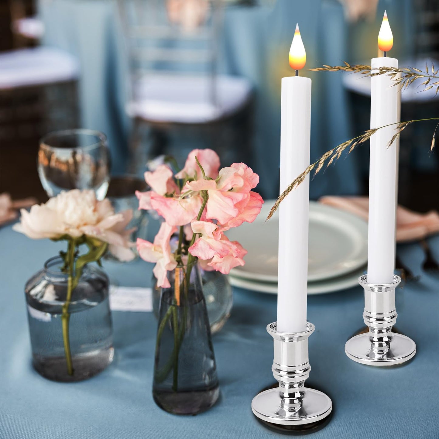 LED Flameless Window Candles with Remote Timer Sliver Base 10 PCS Battery Operated Flickering Taper Candle Lights with Removable Candle Holders Best Gift for Xmas Wedding Home Dinner Décor