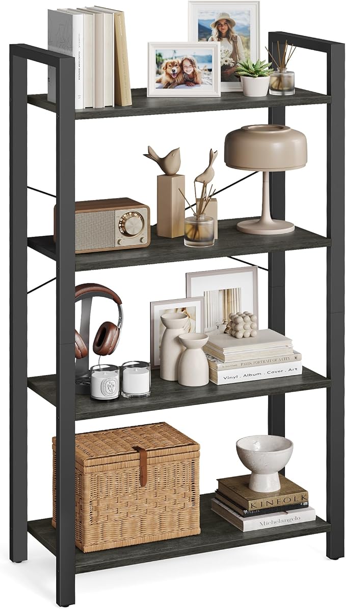 VASAGLE 4-Tier Bookshelf, Bookcase with Steel Frame, Book Shelf for Living Room, Home Office, Study, 11.8 x 26 x 47 Inches, Industrial Style, Charcoal Grey and Ink Black ULLS060B04