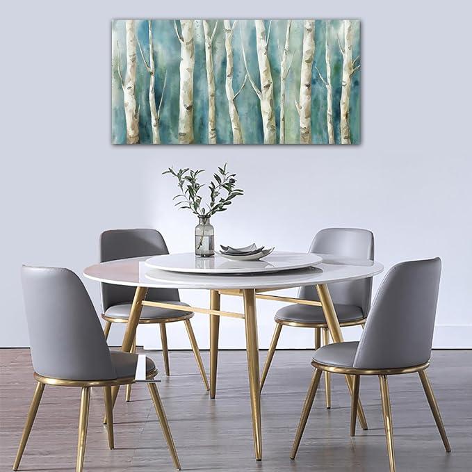 Birch Trees Canvas Wall Art - Abstract Birch Pictures for Wall Decor Modern Turquoise Canvas Painting Nature Printing Artwork for Living Room Bedroom Home Office Wall Decoration 24" x 48"