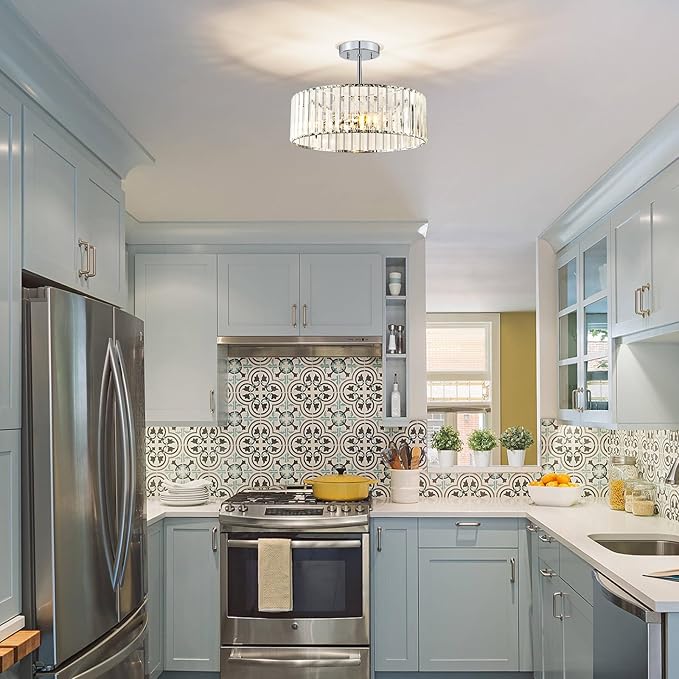 Crystal Chrome Ceiling Light, Modern Semi Flush Mount Ceiling Lighting Fixture, Round Hallway Lighting Fixtures Chandelier for Kitchen Entryway Bedroom Dining Room, 3-Light, 15.7 Inch