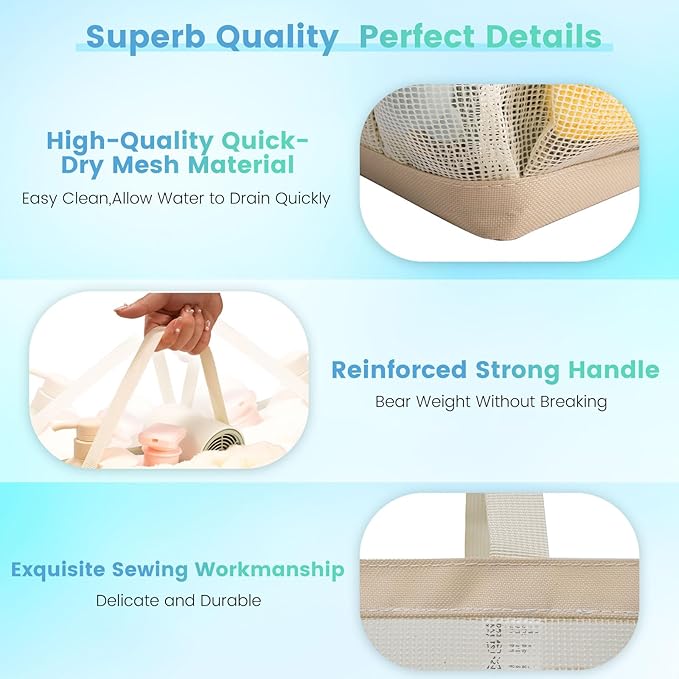 Mesh Shower Caddy for College Dorm Room Essentials for Girls with 9 Pockets,Large-Capacity Shower Basket,Quick Dry Toiletry Tote Bag for Women,Outdoor Gym,Travel,Swim,Beach Camping Essentials-Beige