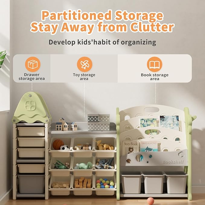 Kids Toy Storage Organizer with 17 Removable Bins, 4-Tier Bookshelf for Kids, Multi-Purpose Castle-Shaped Toy Organizer for Playroom, Bedroom, Nursery, Living Room (Green)