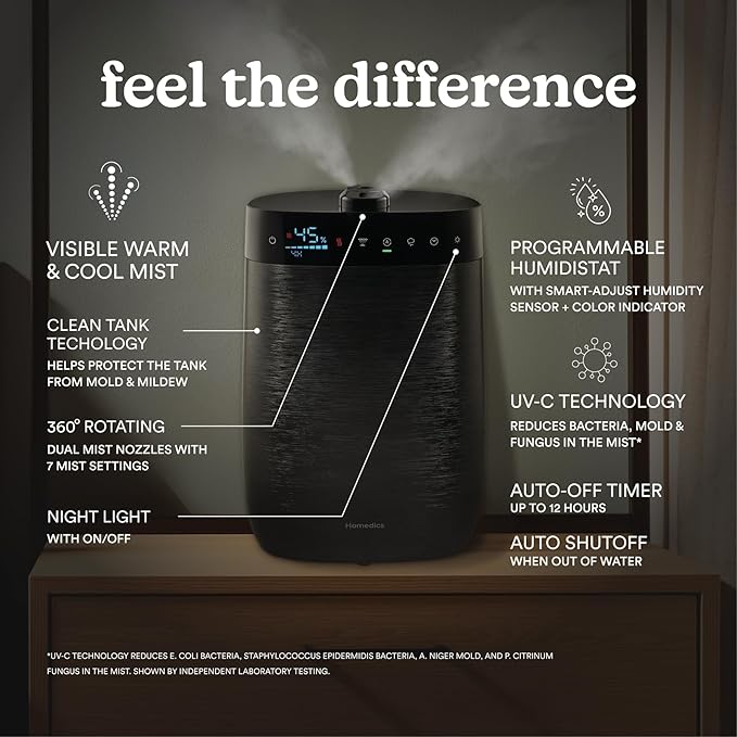 Homedics Deluxe Ultrasonic Humidifier for Large Rooms, Warm or Cool Mist, UV-C Technology, 1.5-Gallon Top Fill Tank, Smart Digital Programmable Humidistat, Home Dry Air Relief, Aromatherapy