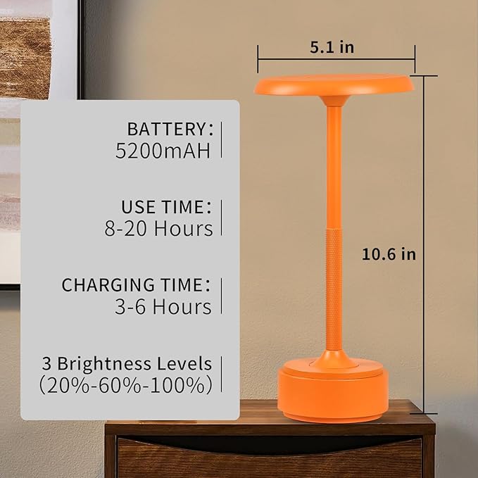 Small Table Lamp With 5200mah Battery - Rechargeable Desk Lamp For Cozy Nights, Usb-C Fast Charging & Stepless Dimming, Cordless Table Lamp With 3 Lighting Modes For Bedroom, Office & Travel(Orange)