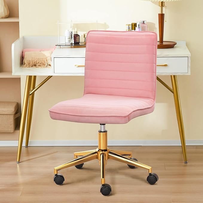 Furnimart Pink Swivel Armless Desk Chair with Wheels, Small Velvet Upholstered Home Office Desk Chair Mid-Back Adjustable Chair for Teen Girl Vanity Desk Bedroom Dorm Living Room (Velvet-Pink)