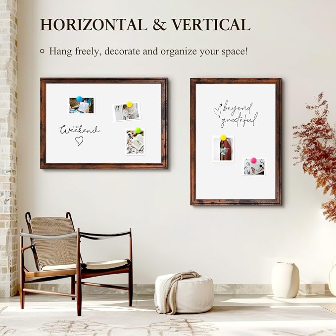 4 THOUGHT Dry Erase Board, 36" x 24" Magnetic Whiteboard Brown Vintage Wood Frame Wall-Mounted White Board Decorative Notice Board School, Office, Home, 6 Magnets 4 Markers 1 Eraser