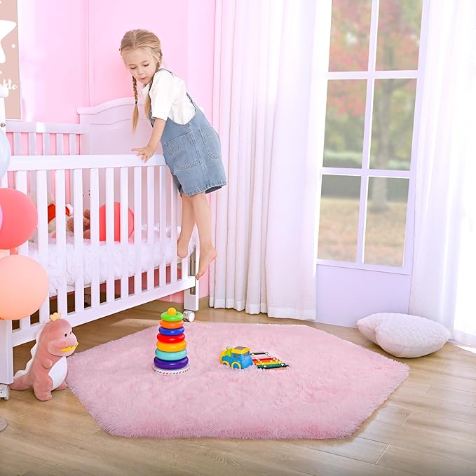 junovo Ultra Soft Rug for Nursery Children Room Baby Room Home Decor Dormitory Hexagon Carpet for Playhouse Princess Tent Kids Play Castle, Diameter 4.6 ft, Pink