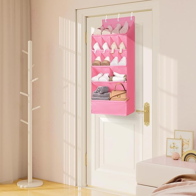 FENTEC 1 Pack Over-the-Door-Shoe-Organizers, Hanging Shoe Organizers with Large Pocket Shoe Holder Hanging Shoe Rack for Closet Shoe Organizer for Wall, Over Door Organizer with 15 Pockets Pink