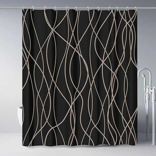 Punkray Black and Brown Striped Wavy Line Polyester Shower Curtain for Bathroom with Hooks, Weighted Hem, Waterproof Bath Accessories Hotel Style, 72 x 72