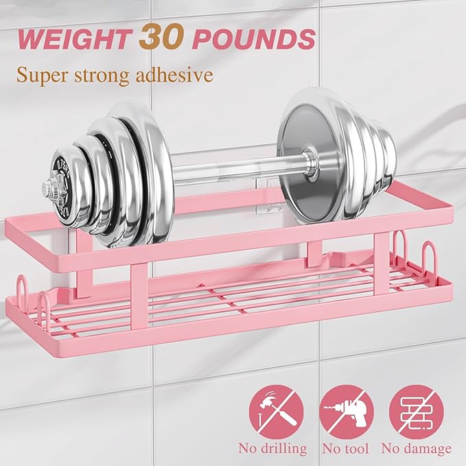 Adhesive Shower Caddy,Shower Shelves with Soap Holder and 12 Hooks,Rustproof No Drilling Bathroom Organizer and Storage,Pink,3 Pack