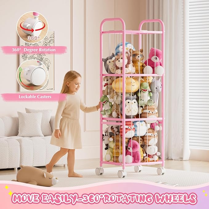 Stuffed Animal Storage Zoo Cage-Stuffed Animal Holder with Heavy Duty Metal Frame & Wheels,Space Save Large Toy Organizer for Kids Holds 50+ Plush Toys for Playroom Bedroom Nursery