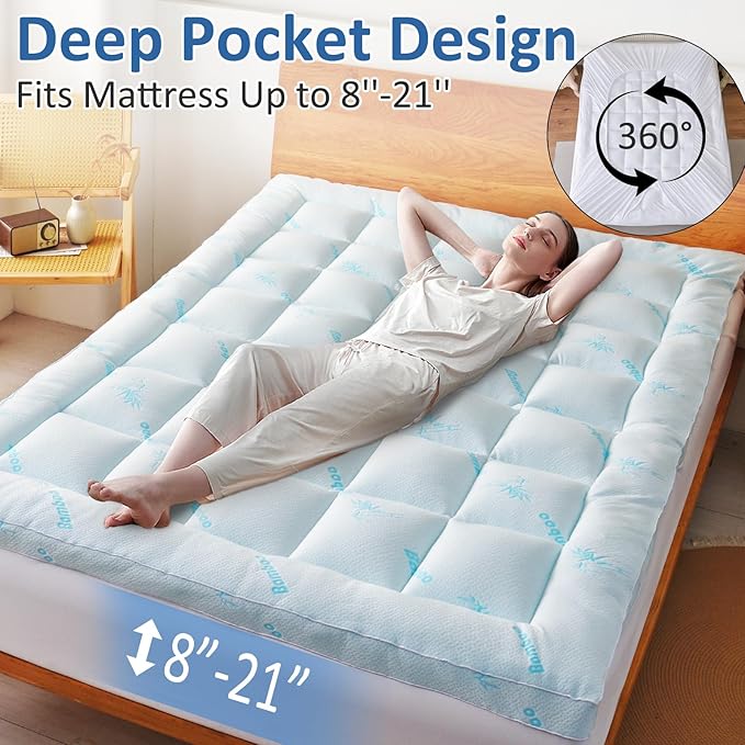 Favorland Mattress Topper Full Size - Cooling Extra Thick Breathable Viscose Made from Bamboo Mattress pad - Soft Quilted Fitted Mattress Cover with 900 GSM Down Alternative Fill (8-21”Deep Pocket)