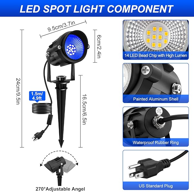 Blue Landscape Lights Outdoor, 14 LED Landscape Lighting with US Plug, IP65 Waterproof Spotlights for Tree Yard Garden Pathway Halloween Christmas Decor 2 Pack