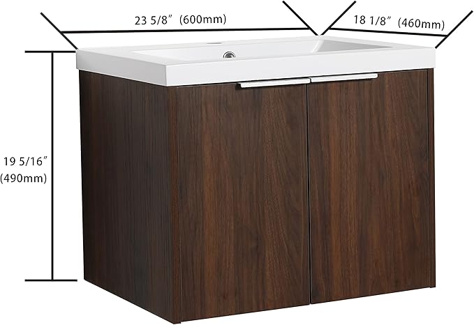 Goujxcy 24" Wall Mounted Bathroom Vanity with Sink, Modern Floating Bathroom Cabinet with White Resin Wash Basin & Storage Cabinet, Soft-Close Door Wood Hanging Bath Room Cabinet