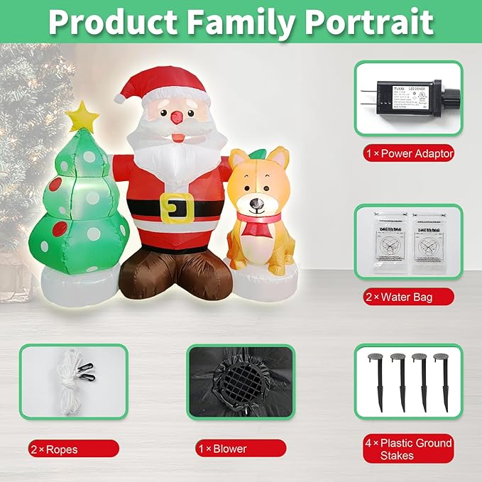 5FT Long Christmas Inflatable Santa Set with Dog & Tree Blow up Lighted Yard Decoration Suitable for Christmas Indoor Outdoor Xmas Yard Party Holiday Garden Decor