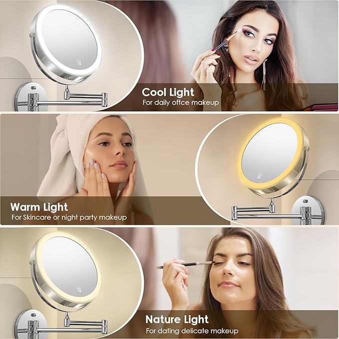 Wall Mounted Lighted Makeup Mirror, 8" Rechargeable Double-Sided Light up Magnifying Mirror 1x/10x, 3 Colors Led Vanity Mirror with Lights, Touch Dimmable 360° Rotation Foldable