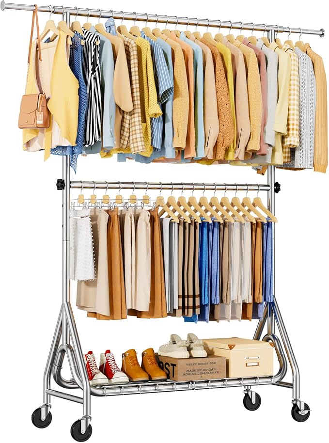 Heavy Duty Clothes Rack for Hanging Clothes, Double Rods Clothing Rack with Lockable Wheels, Rolling Metal Garment Racks Heavy Duty, Portable Wardrobe Closet Racks, Silver