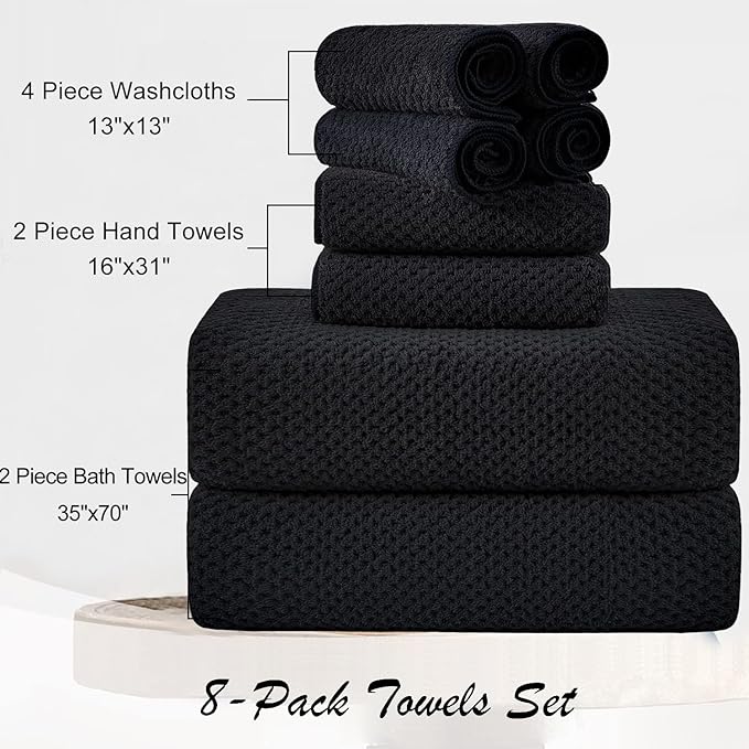 8 Piece Large Black Family Bath Towel Set-2 Oversized Bath Towel Sheets,2 Hand Towels,4 Washcloths-600GSM Soft Highly Absorbent Quick Dry Beach Chair Towels Woven Towels for Bathroom Hotel and Spa