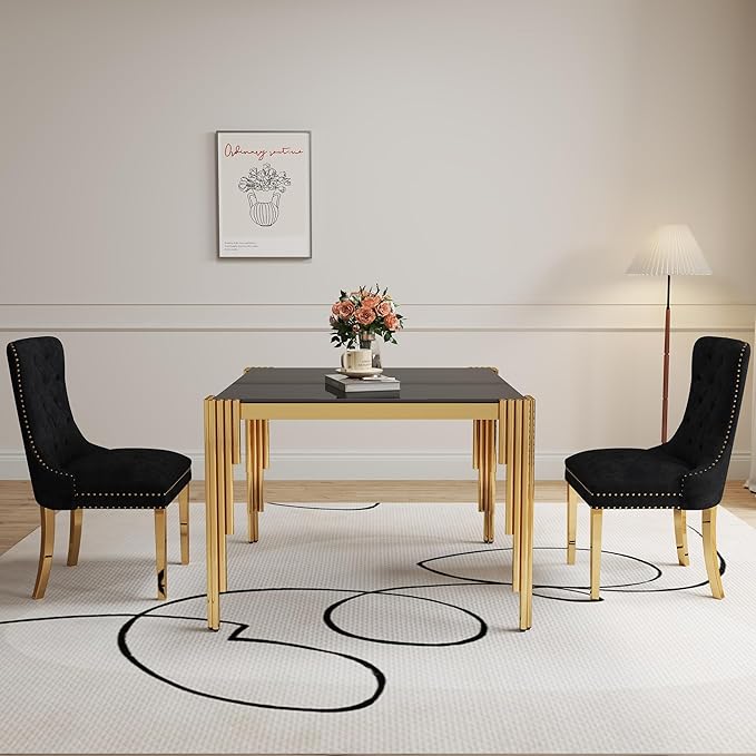 3 Piece Glass Dining Table Set, 35" Square Glass Kitchen Table with 2 Black Velvet Upholstered Chairs, Gold Dining Table for 2 with Chairs Set for Kitchen, Living Room