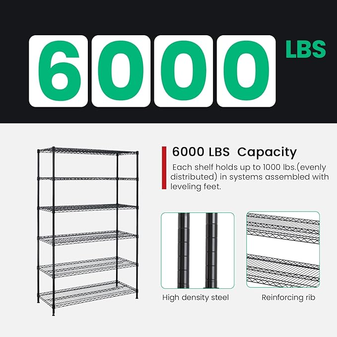 PayLessHere Commercial Grade 6 Tier Adjustable Storage Shelf Heavy Duty Metal Shelf NSF Certified Wire Shelving Unit with Wheels 6000LBS Capacity 18" D x 48" W x 72" H,Black