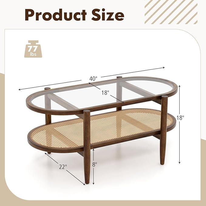 MAT EXPERT Rattan Coffee Table, 2 Tier Boho Oval Living Room Table w/Glass Tabletop Wood Frame & Storage Shelf, 40’’L Mid Century Modern Tea Table, Center Table for Living Room Home Office, Brown