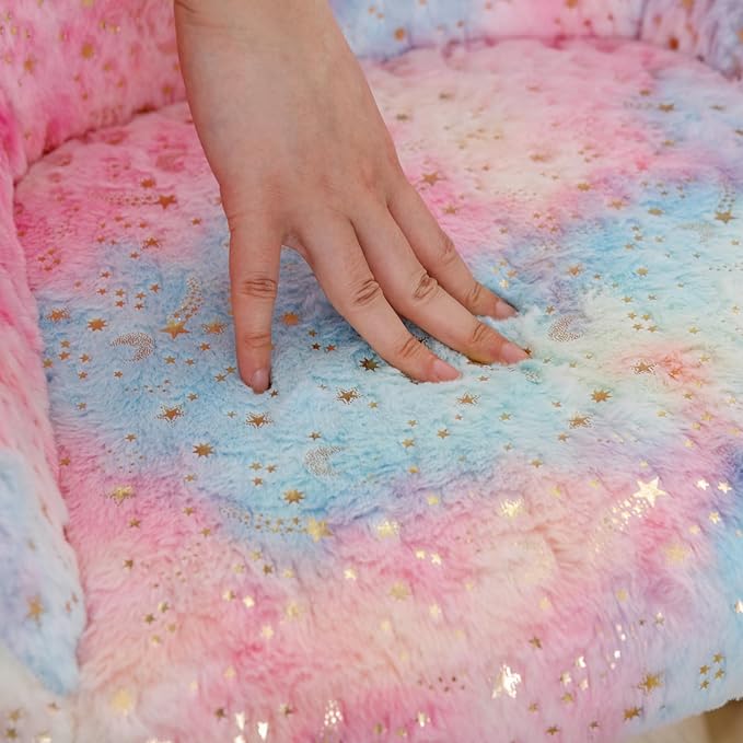 Kids Desk Chair Cute Swivel Reading Chair, Upholstered Adjustable Faux Fur Study Chair with White Wheels for Reading Room Bedroom, Colorful