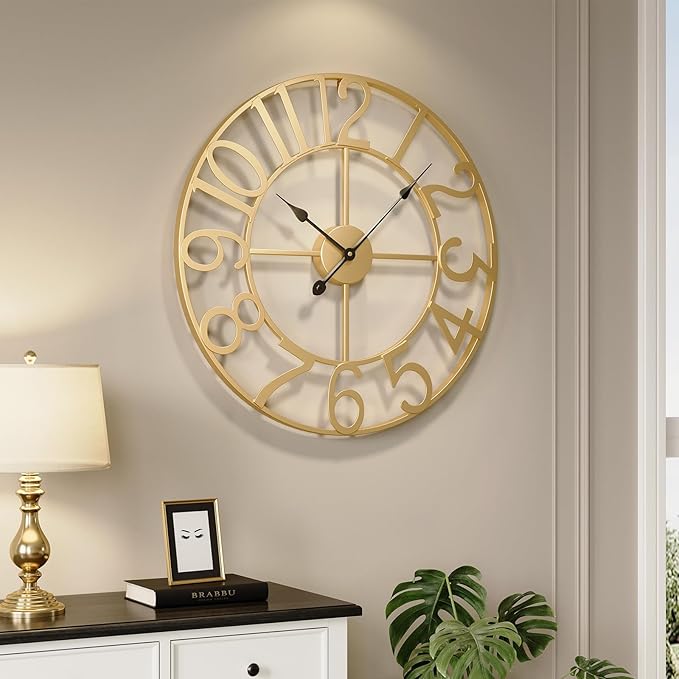 Large Wall Clock 24 Inch Gold, Decorative Wall Clocks Battery-Operated, Modern Metal Round Clock Silent Non Ticking Arabic Numerals for Living Room Kitchen Mantel Bedroom Office Decor