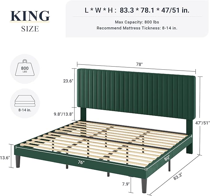 Allewie King Bed Frame, Velvet Upholstered Platform Bed with Adjustable Vertical Channel Tufted Headboard, Mattress Foundation with Strong Wooden Slats, Box Spring Optional, Easy Assembly, Green