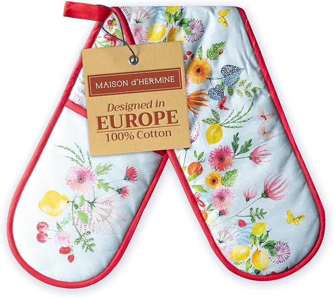 Maison d' Hermine Double Oven Mitts 100% Cotton 7"x35" Double Oven Mitt BBQ Cooking Gloves with Loop, Baking, Grilling, Handling Hot Pans, Jardin D'Ete - Mint - Spring/Summer