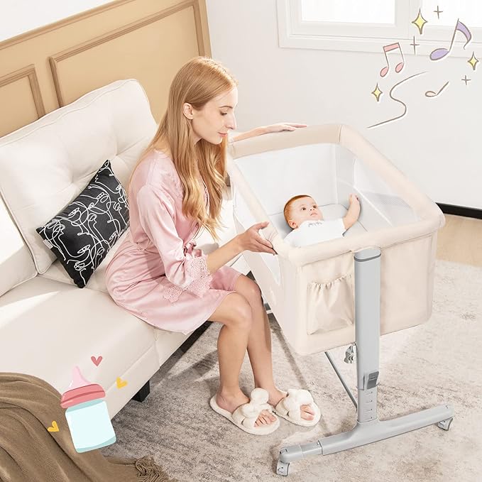 BABY JOY Bassinet Bedside Sleeper, 3 in 1 Folding Crib w/Adjustable Height, Mattress, Lockable Wheels, Storage Pocket & Carry Bag for Infant Newborn, Stationary & Rock, Portable Baby Bassinet (Beige)