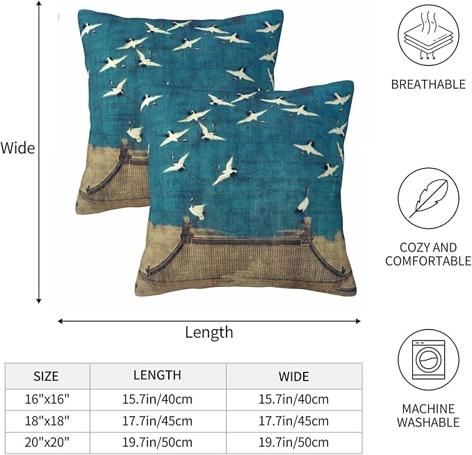 Blue Vintage Chinoiserie Bird Throw Pillow Covers 18x18 Inch Set of 2 Farmhouse Rustic Pillow Case Antique Country Home Decor Cushion Cover of Sofa Living Room Bedroom