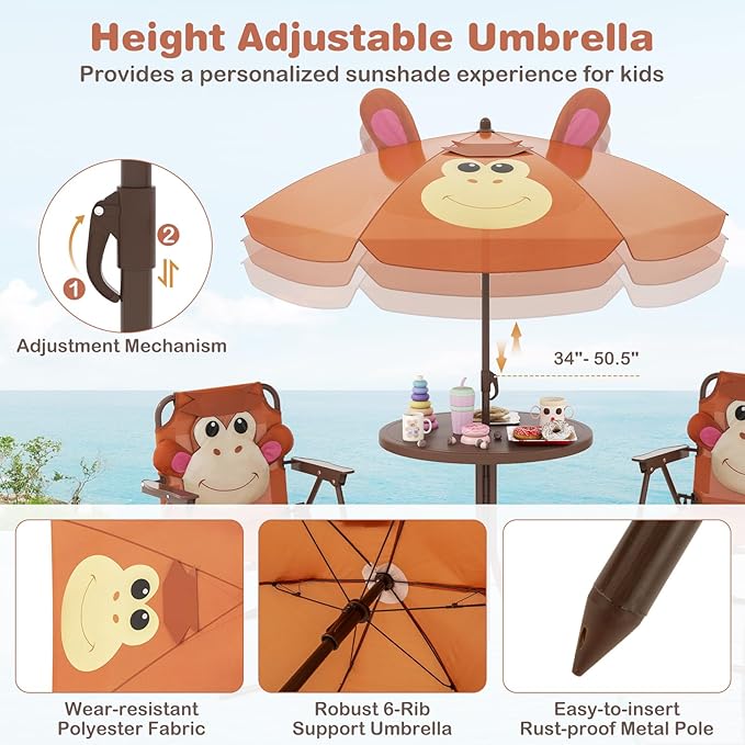 Costzon Kids Picnic Table, Kids Outdoor Table with 2 Folding Chairs, Height Adjustable Umbrella, Portable Children Outdoor Furniture for Patio, Garden, Backyard (Brown)