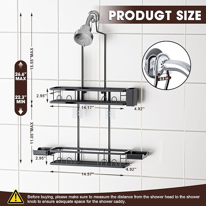 Shower Caddy Hanging, Rustproof Shower Shelves - No Drilling Inside Bath, Extended Length Shower Organizer with Soap Holder; Toothbrush Holder, Black