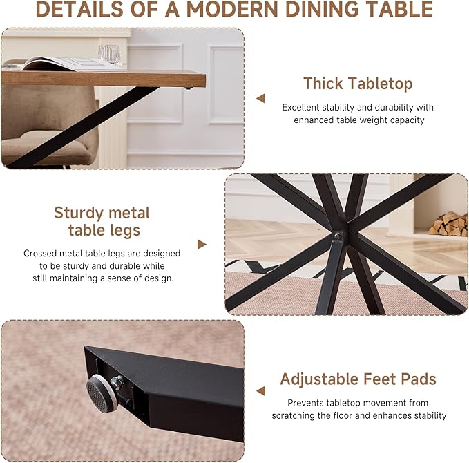 55.1 Inch Dining Table for 4 6 People Rectangular Wooden Kitchen Tables Mid Century Modern Dinner Table Long Dinning Room Table with Metal Cross Legs for Kitchen Living Room Comedor(Brown)