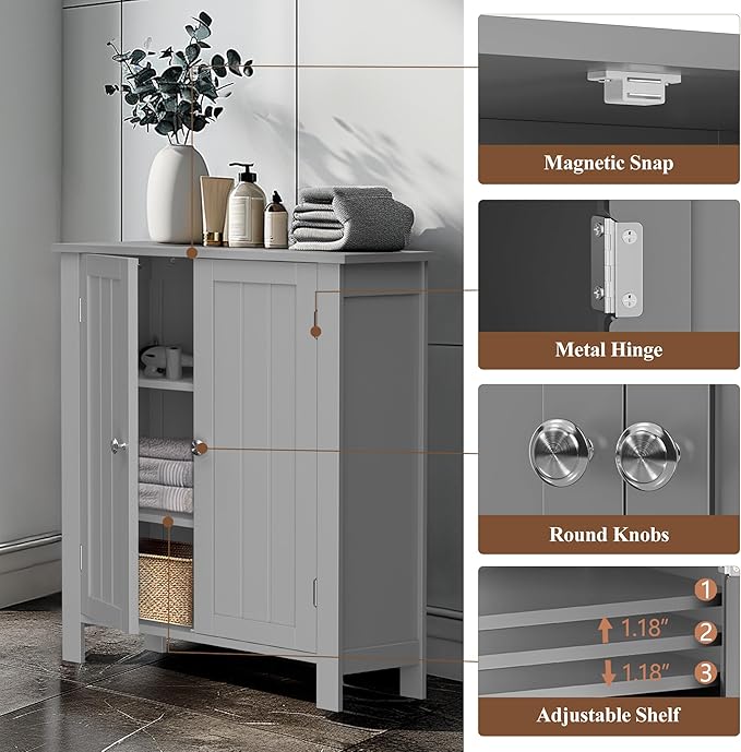 ZENY Bathroom Floor Storage Cabinet with Double Door + Adjustable Shelf, Wooden Organizer Cabinet for Living Room, Bathroom, Bedroom, Modern Home Furniture (Gray)