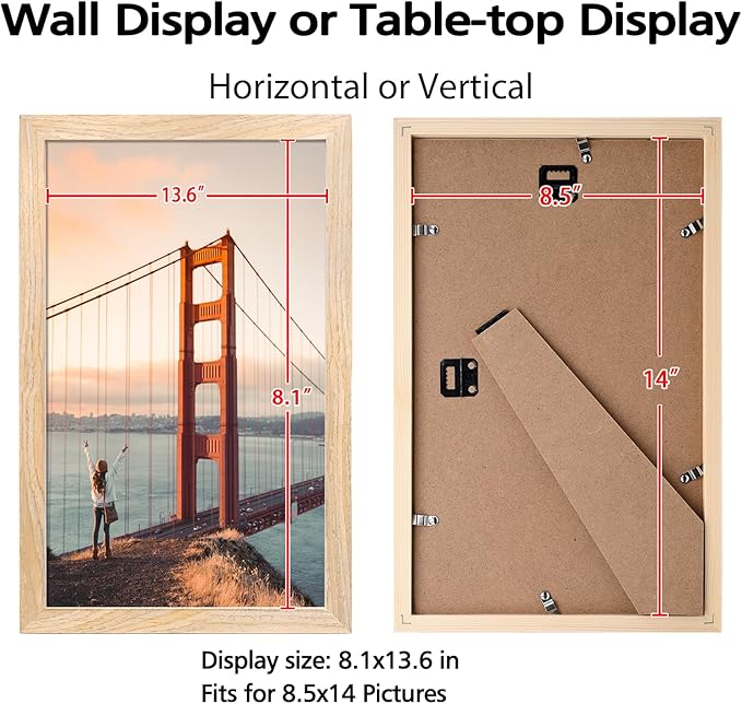 KINLINK 8.5x14 Picture Frame Natural, Solid Wood Frames with Acrylic Plexiglass, Tabletop and Wall Display Photo Frame, Set of 4
